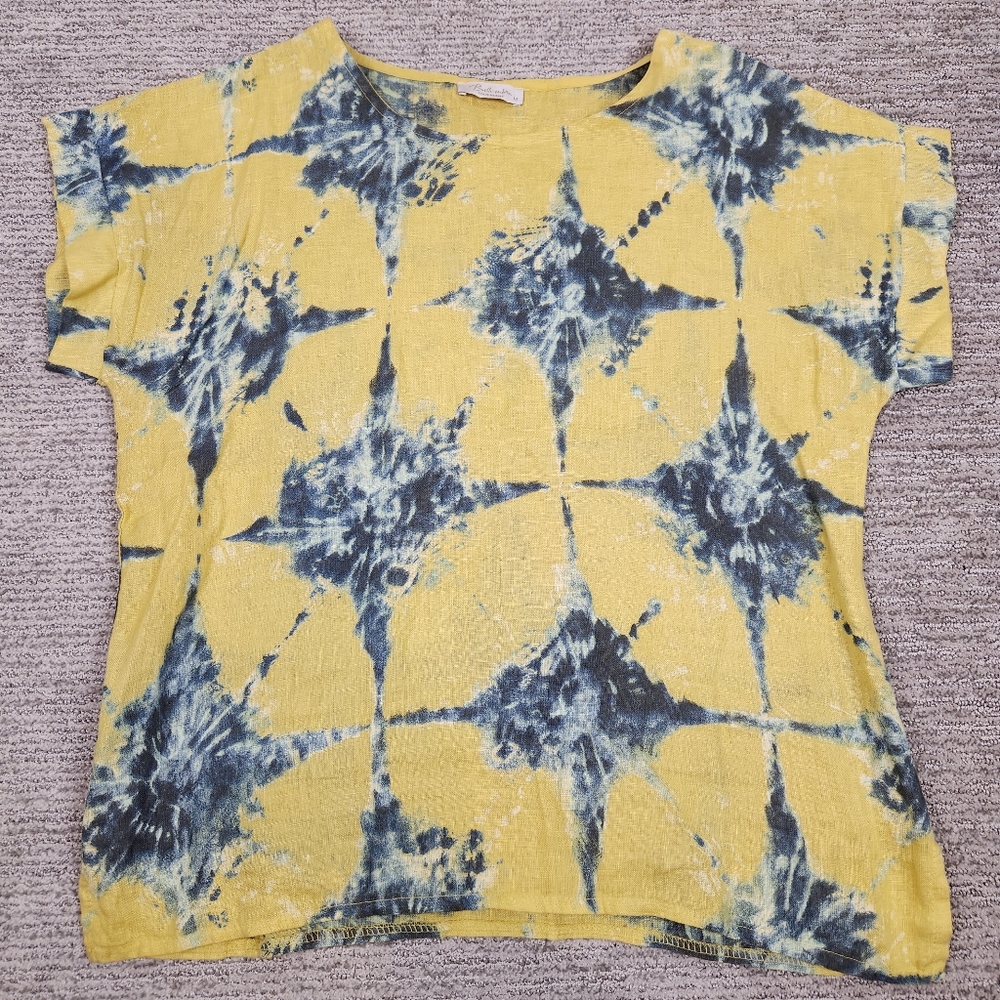 Bella Umbra Italy 100% Linen Top Womens Medium Yellow Boxy Lagenlook Artsy Beach